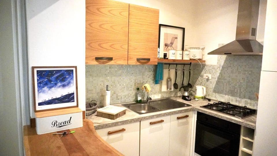 Kitchen or kitchenette, stove