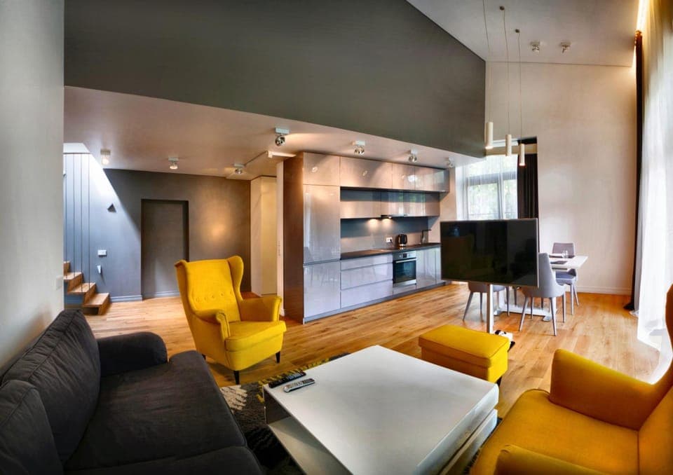 Kitchen or kitchenette, Living room, Dining area