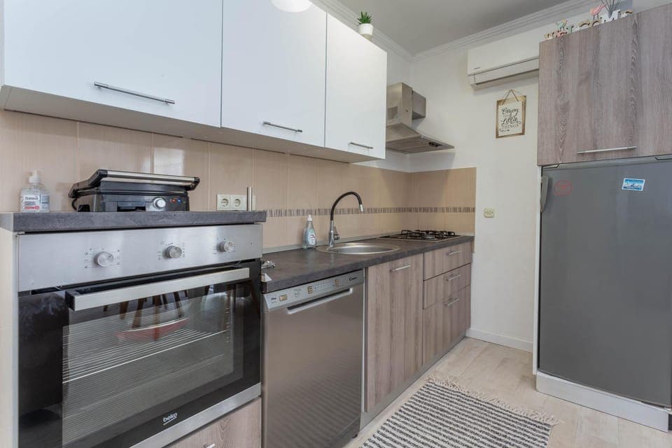 Kitchen or kitchenette, dishwasher, oven, stove