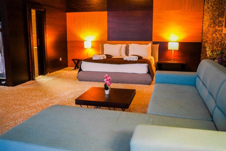 Bed, Living room, Seating area