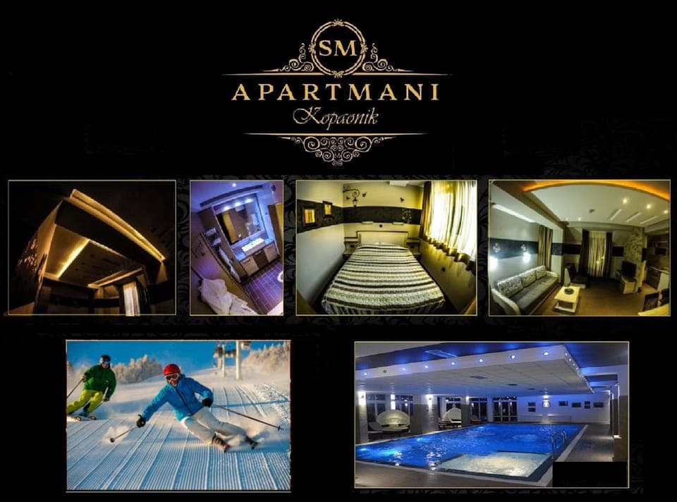 Bed, Property logo or sign, Ski School, Skiing, Bathroom, Living room, Bedroom, Swimming pool, Swimming pool