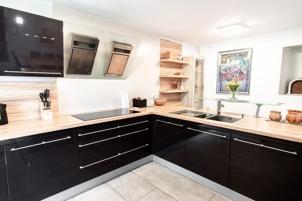 Kitchen or kitchenette, stove