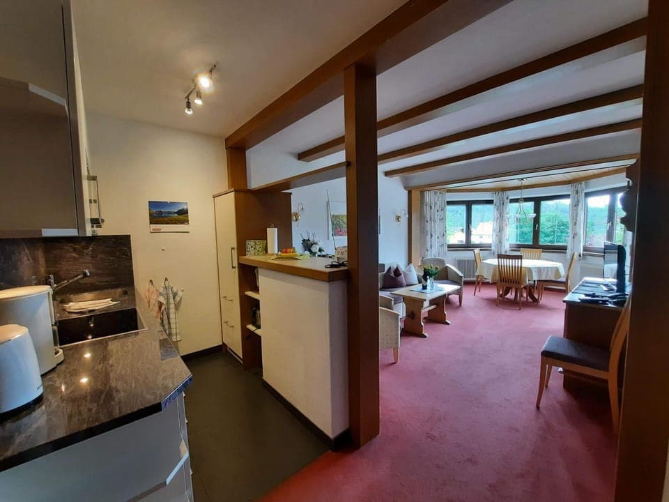 Kitchen or kitchenette, Living room, Seating area, Dining area