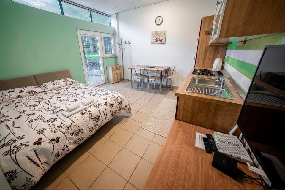 Bed, Kitchen or kitchenette, Dining area