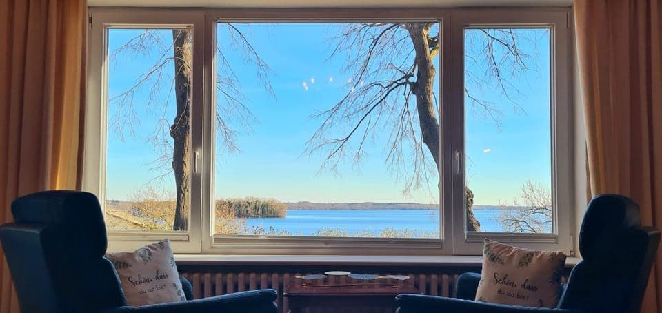 Natural landscape, Living room, Seating area, Lake view