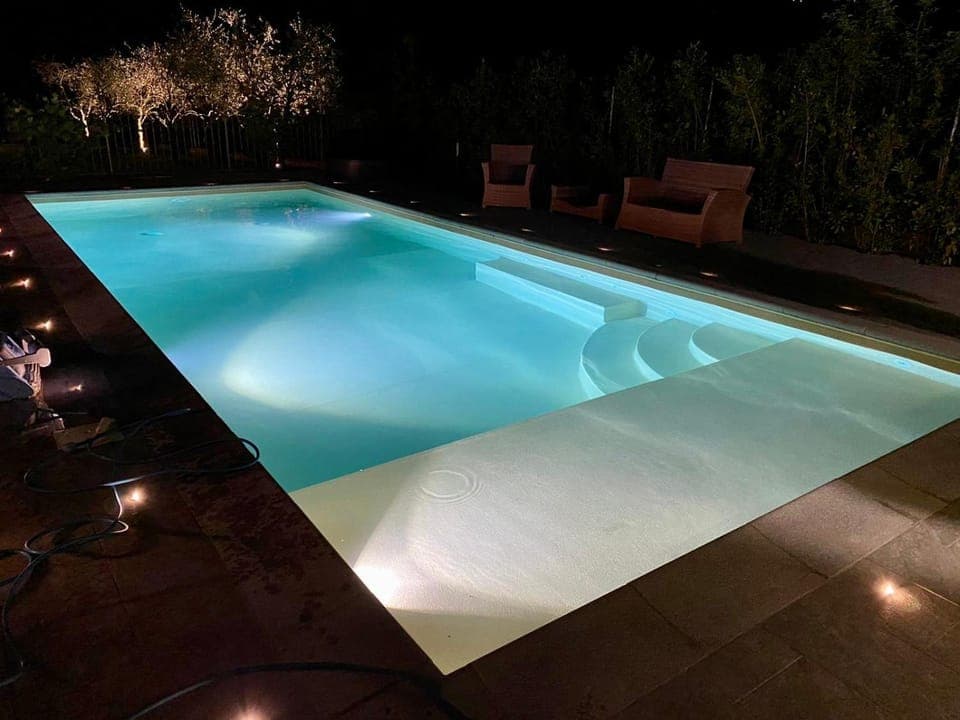 Night, Pool view, Swimming pool, sunbed