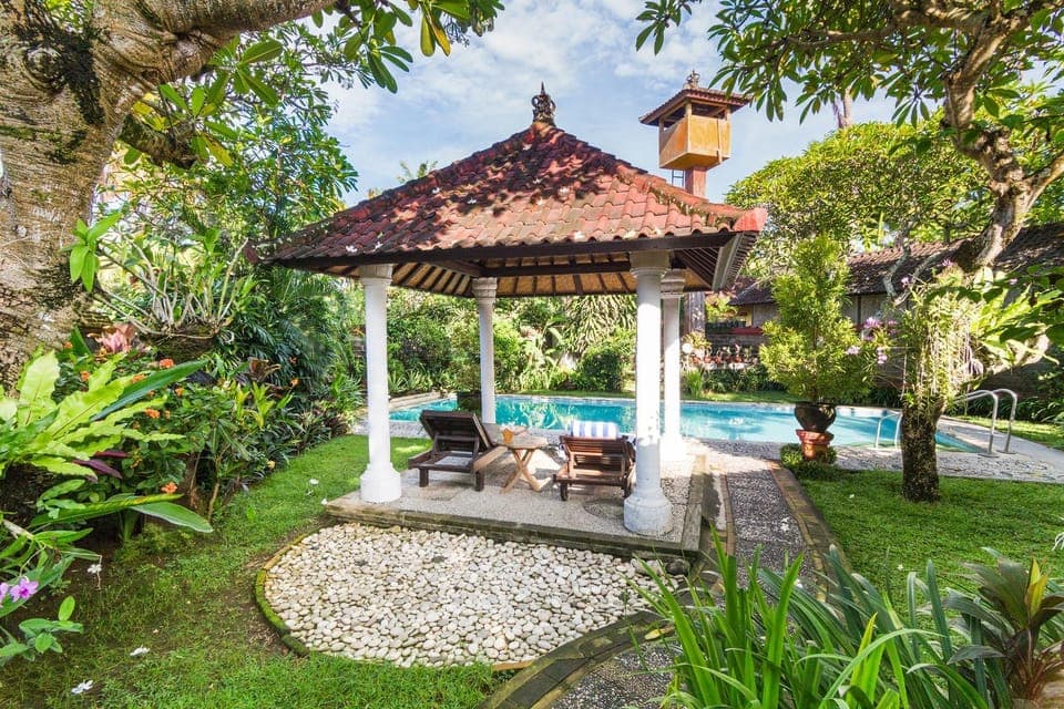 Patio, Seating area, Text overlay, Garden view, Pool view, Swimming pool, Swimming pool