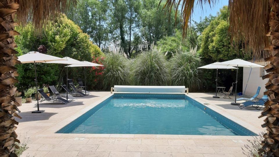 Natural landscape, Garden, Garden view, Pool view, Swimming pool, sunbed