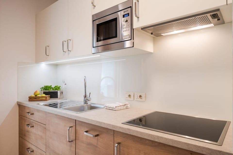 Kitchen or kitchenette, dishwasher, stove