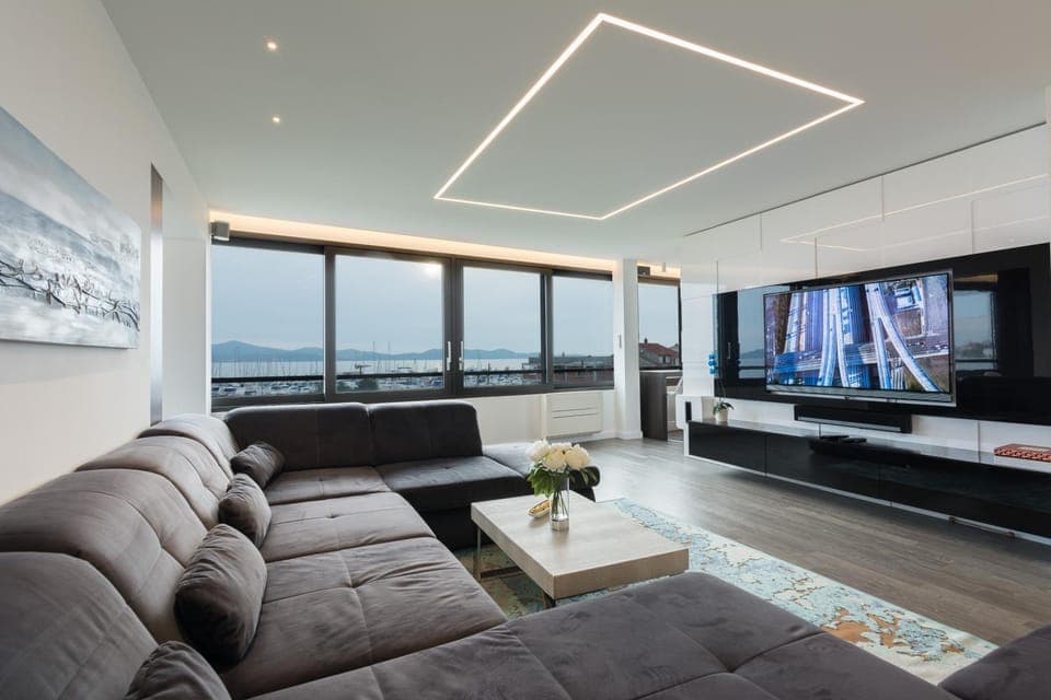 Living room, City view, Sea view, Sunset
