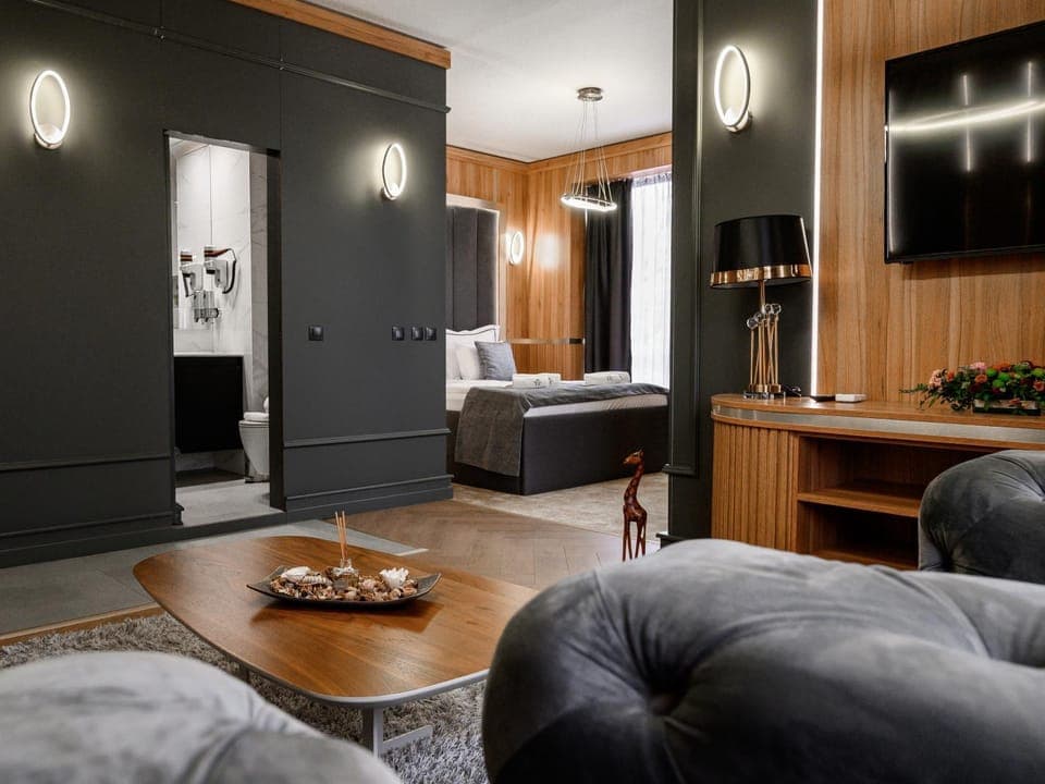 Bed, TV and multimedia, Kitchen or kitchenette, Living room, Photo of the whole room, Seating area, Bedroom