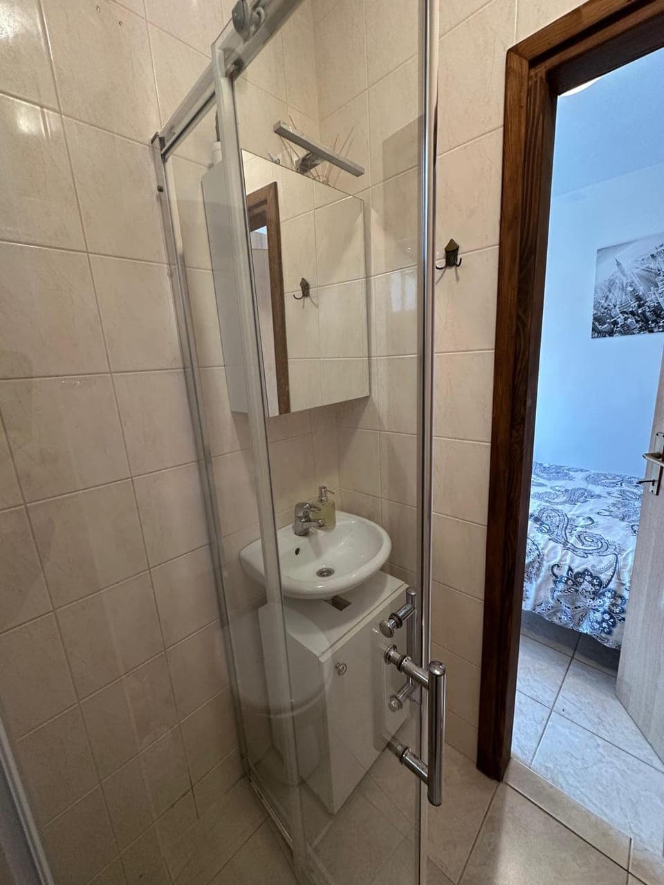 Shower, Toilet, Bed, Bathroom, Photo of the whole room, Bedroom, towels