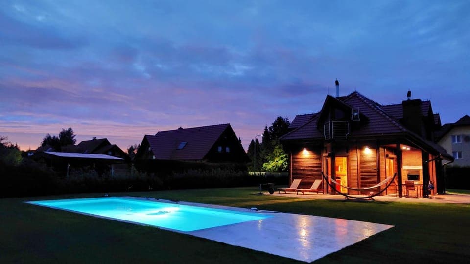 Property building, Night, Swimming pool, Swimming pool