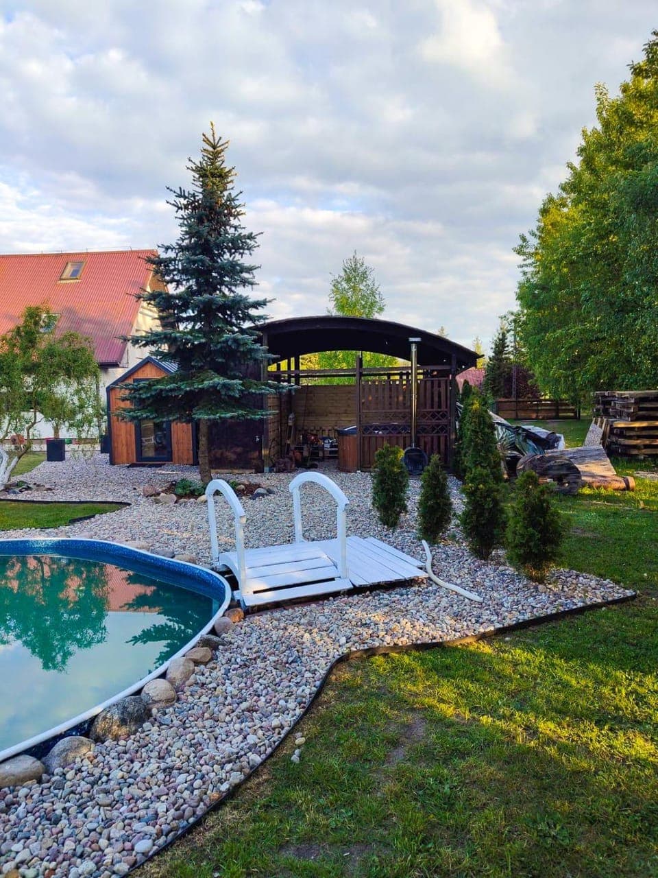 Property building, Spring, Natural landscape, Garden, Garden view, Pool view, Swimming pool