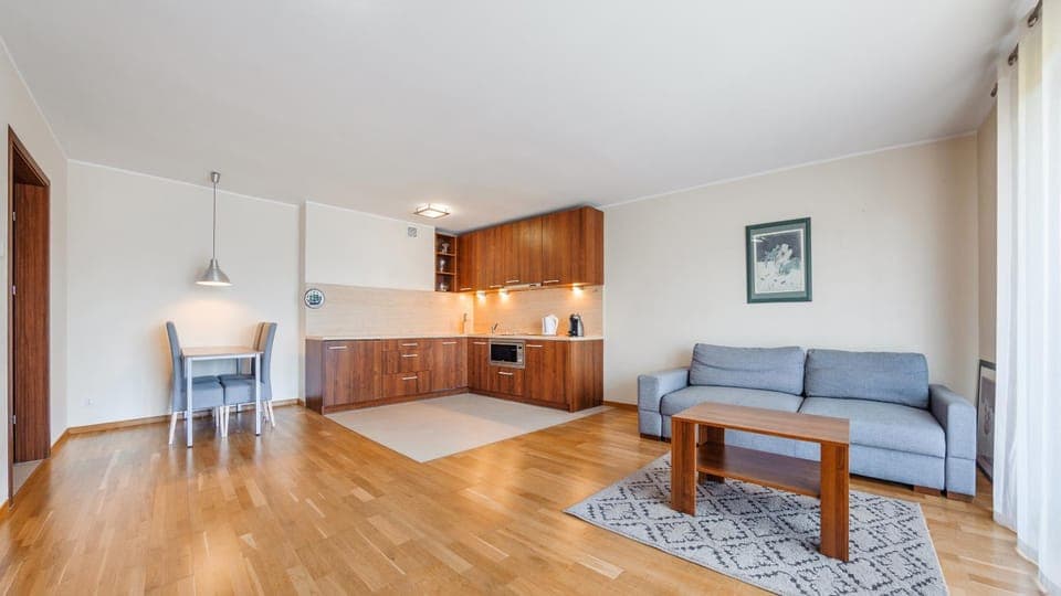 Kitchen or kitchenette, Living room, Seating area, Dining area