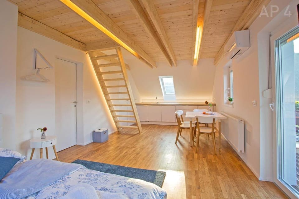 Bed, Living room, Dining area