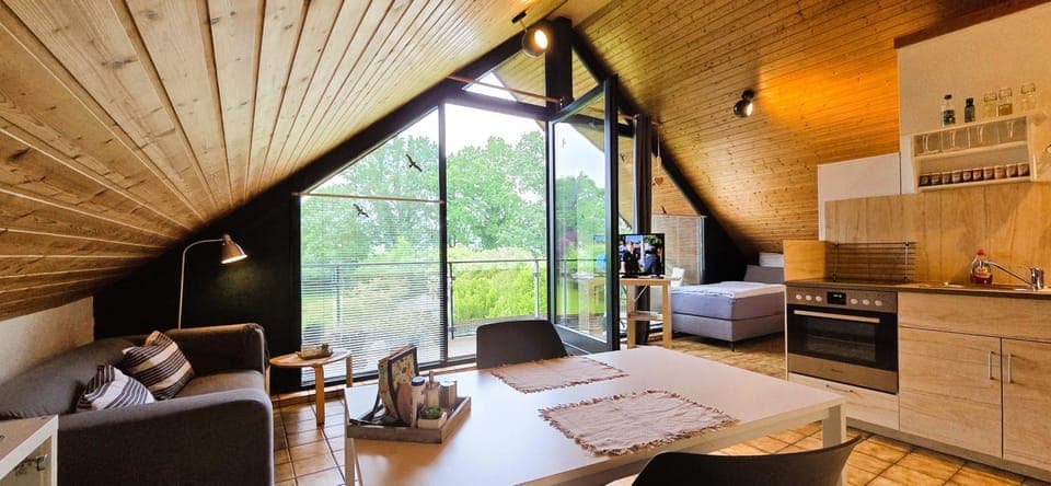 Bed, TV and multimedia, View (from property/room), Balcony/Terrace, Kitchen or kitchenette, Living room, Dining area, Bedroom, Time of day, towels