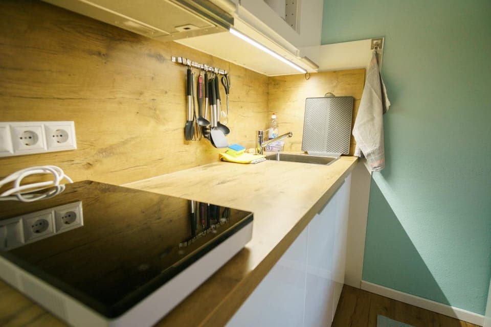 Kitchen or kitchenette, stove