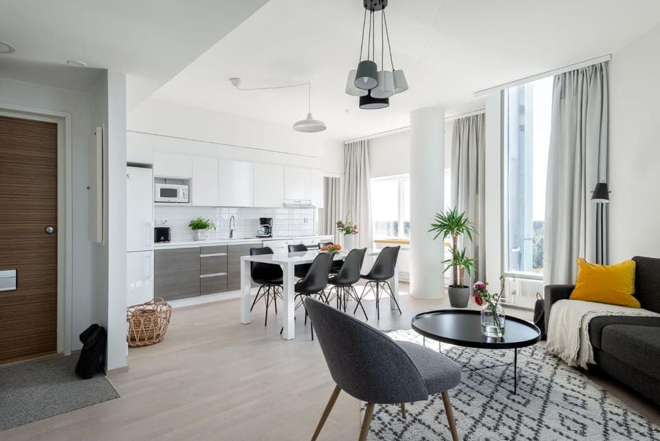 Kitchen or kitchenette, Living room, Seating area, Dining area