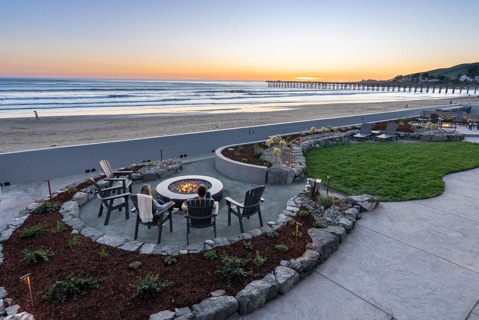 Property building, Patio, Beach, Sea view, Sunset, fireplace