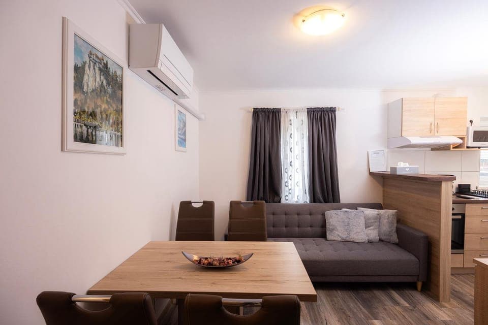 Kitchen or kitchenette, Living room, Seating area, Dining area, air conditioner