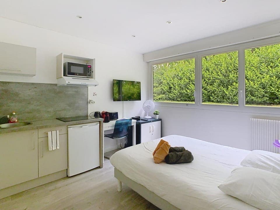 Bed, TV and multimedia, Kitchen or kitchenette, Photo of the whole room, Bedroom, towels