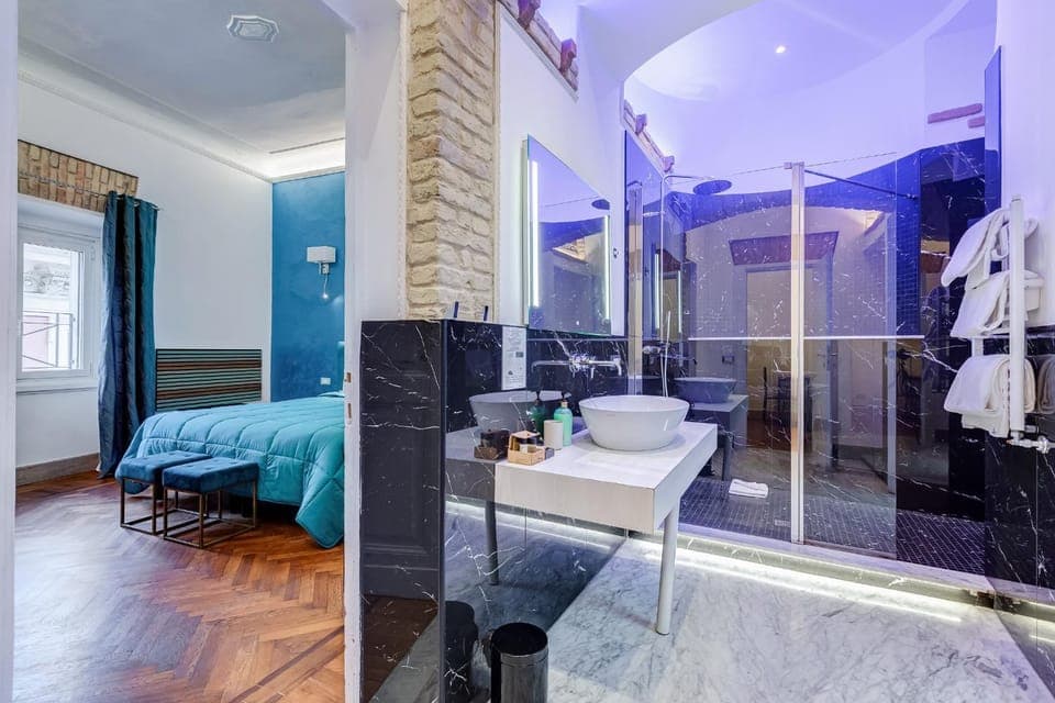 Shower, Bed, Bedroom