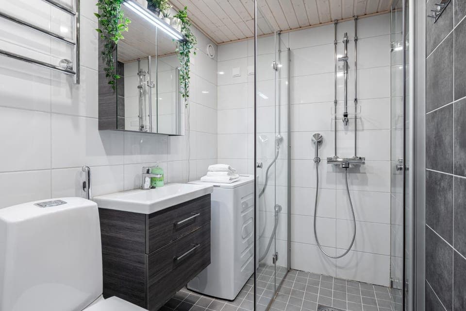 Shower, Bathroom, bidet, towels, washing machine