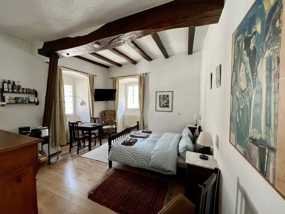 Bed, TV and multimedia, Living room, Photo of the whole room, Seating area, Dining area, Bedroom