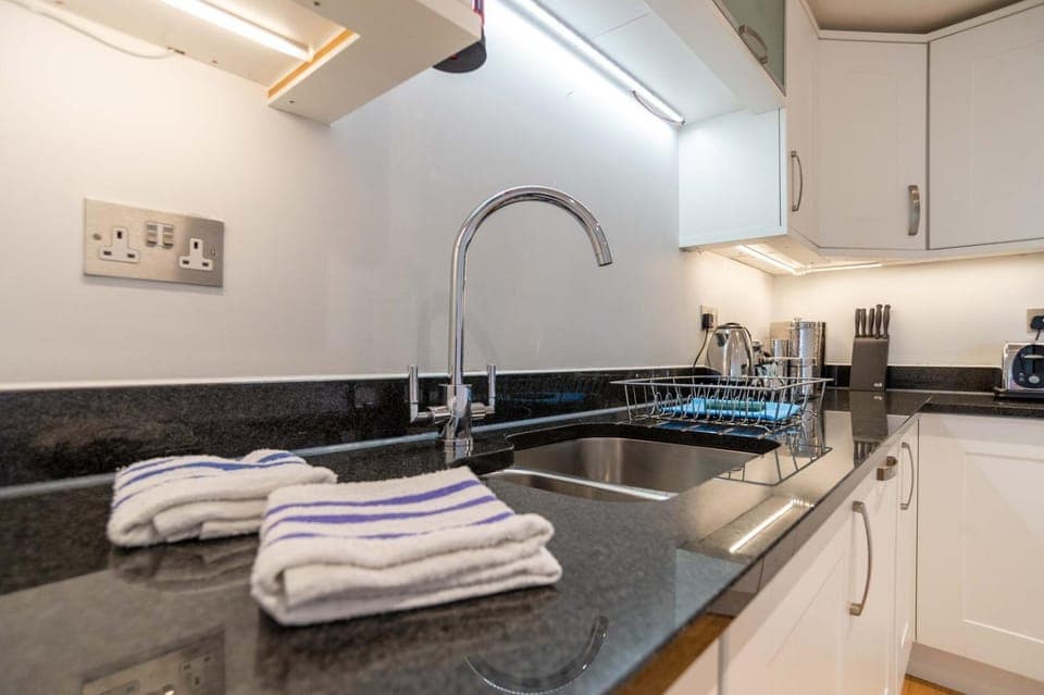 Kitchen or kitchenette, dishwasher, stove, towels