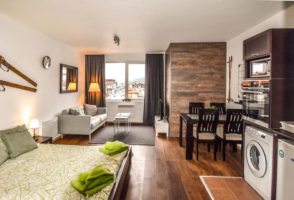 Bed, Kitchen or kitchenette, Living room, Photo of the whole room, Seating area, minibar, pet friendly, stove, washing machine