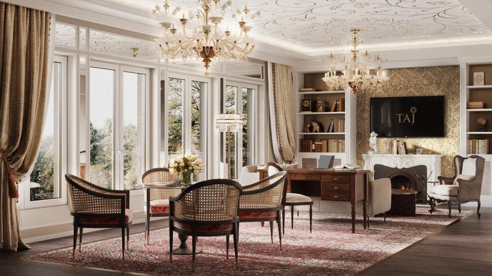 Library, Living room, Seating area, Dining area