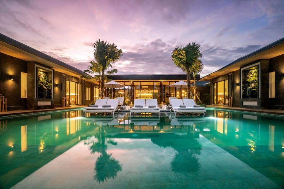 Property building, Seating area, Pool view, Swimming pool, Sunset, sunbed