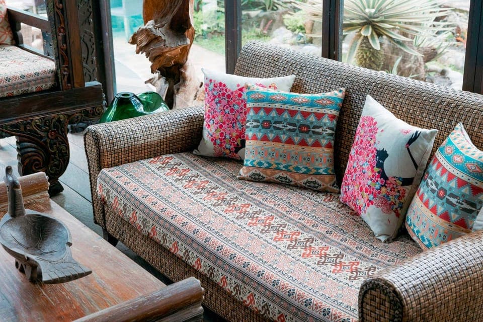 Living room, Seating area, Pool view