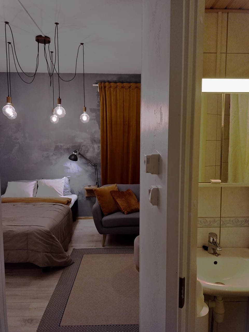 Bed, Bathroom, Seating area, Bedroom