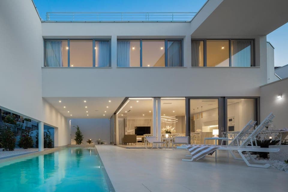 Property building, Swimming pool, Sunset