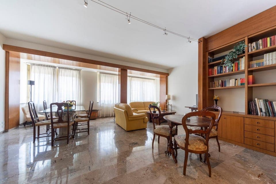 Library, Living room, Seating area, Dining area