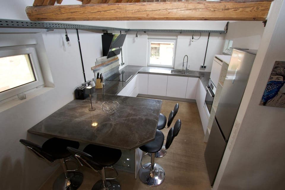 Kitchen or kitchenette, stove, kitchen