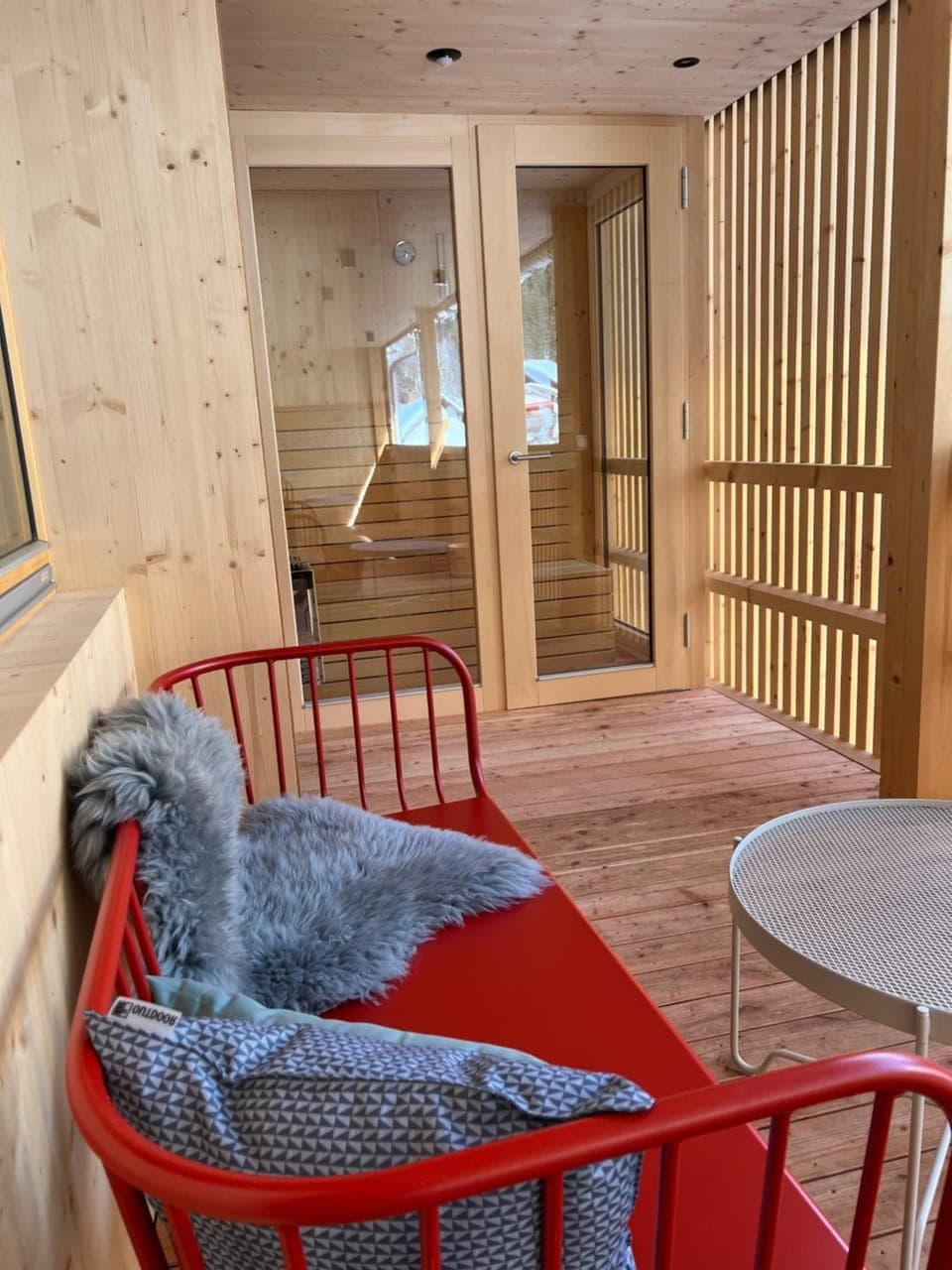 Sauna, Balcony/Terrace, Seating area