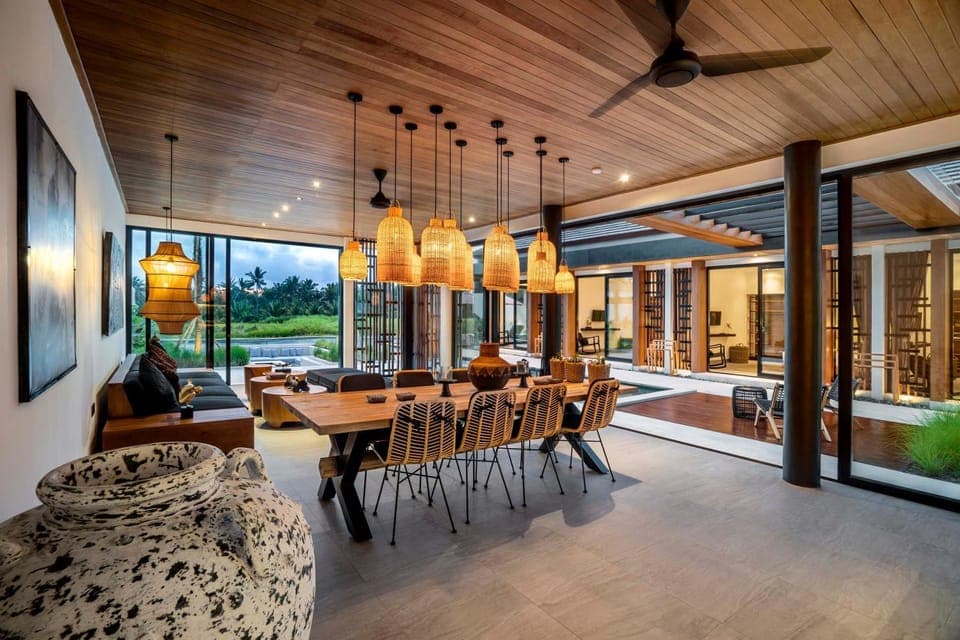 Living room, Seating area, Dining area, Pool view