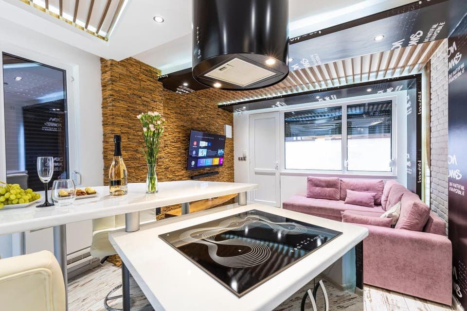 Kitchen or kitchenette, Living room, Seating area