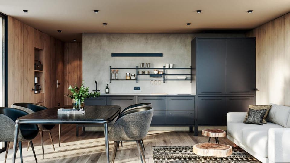 Kitchen or kitchenette, Living room, Seating area