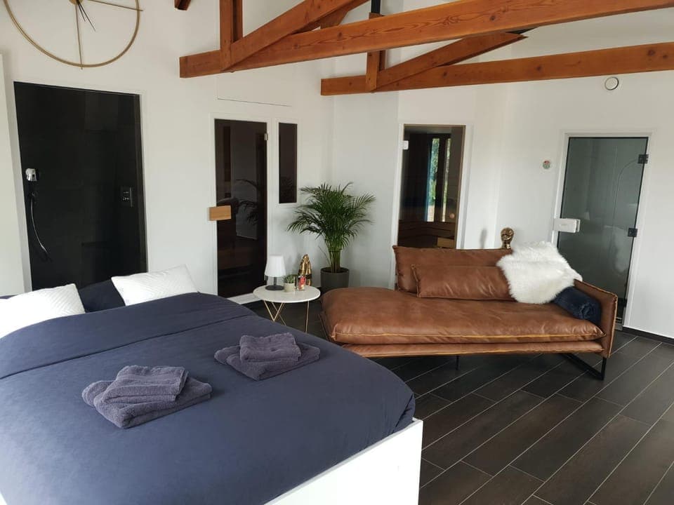 Bed, Sauna, Steam room, Living room, Spa and wellness centre/facilities, Photo of the whole room, Seating area, Bedroom, towels