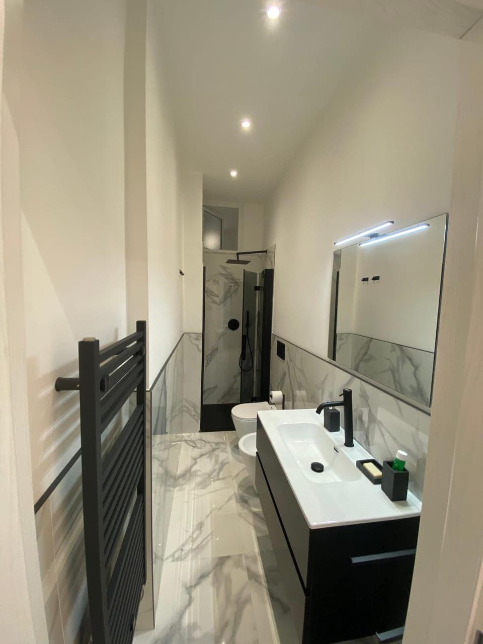 Shower, Toilet, Bathroom, Photo of the whole room, bidet, heating, towels