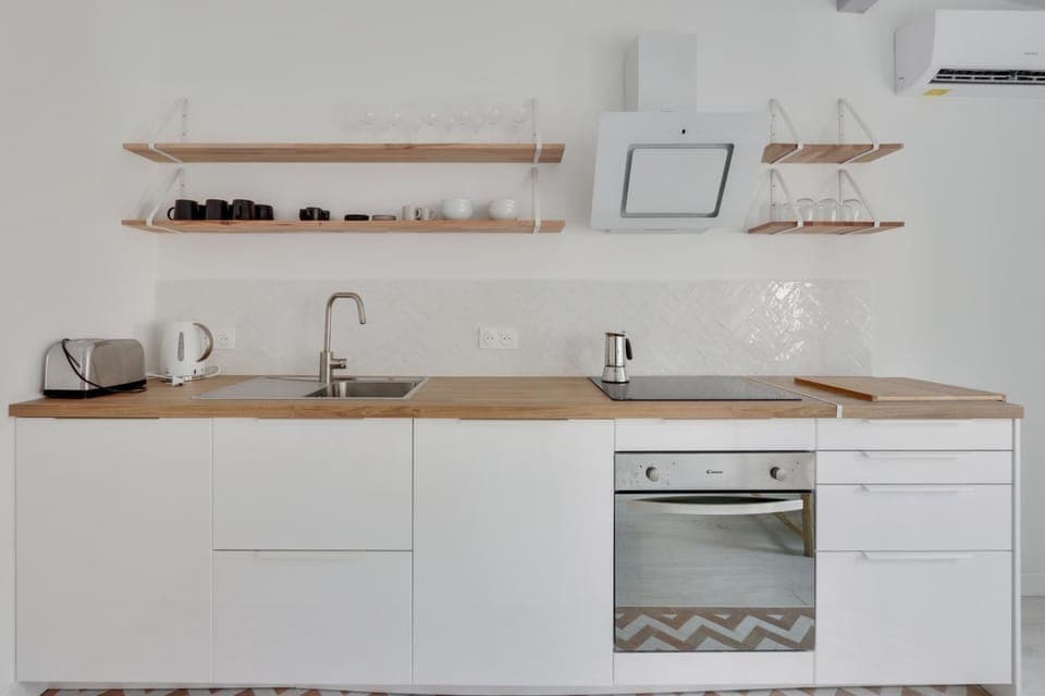 Kitchen or kitchenette, stove