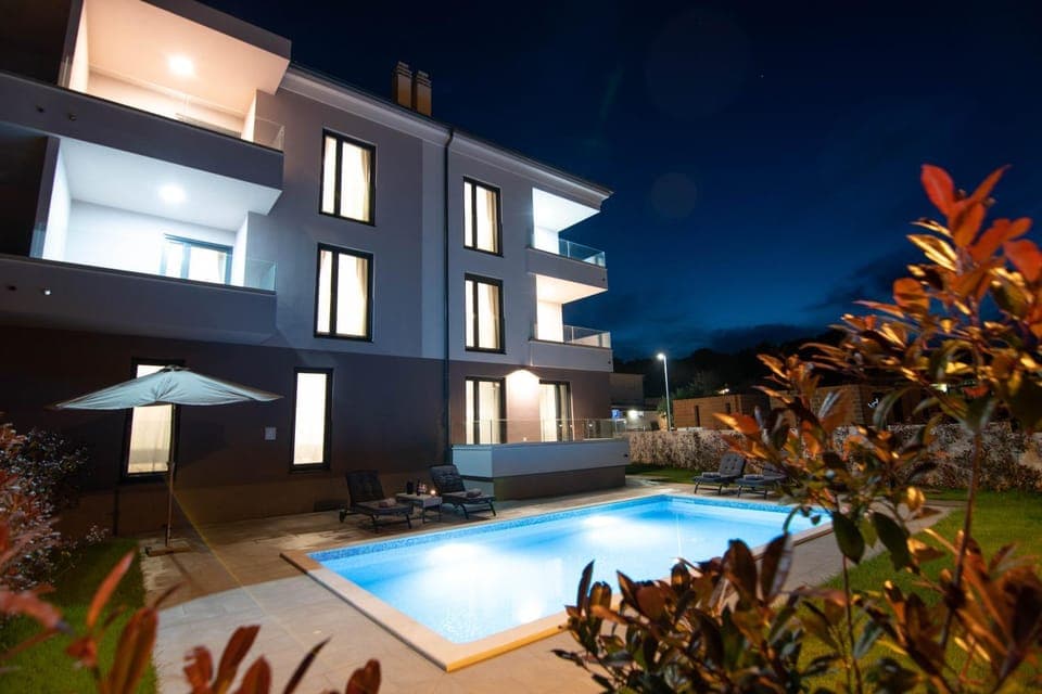 Property building, Night, Garden, Pool view, Swimming pool