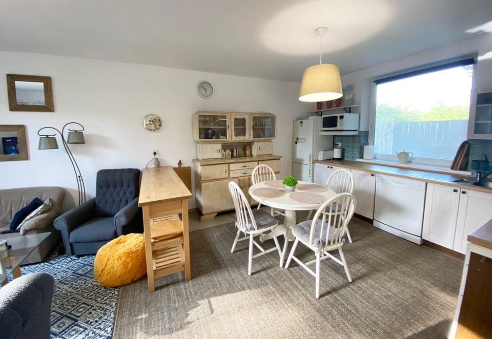 Kitchen or kitchenette, Living room, Seating area, Dining area, stove