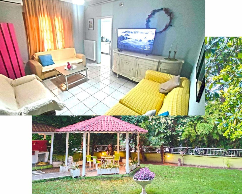 Day, Garden, TV and multimedia, Living room, Seating area, Garden view