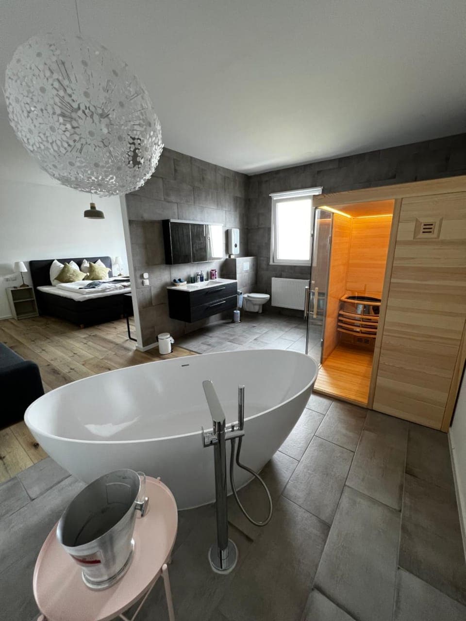 Bed, Sauna, Bathroom, Photo of the whole room, Seating area, Bedroom, Bath