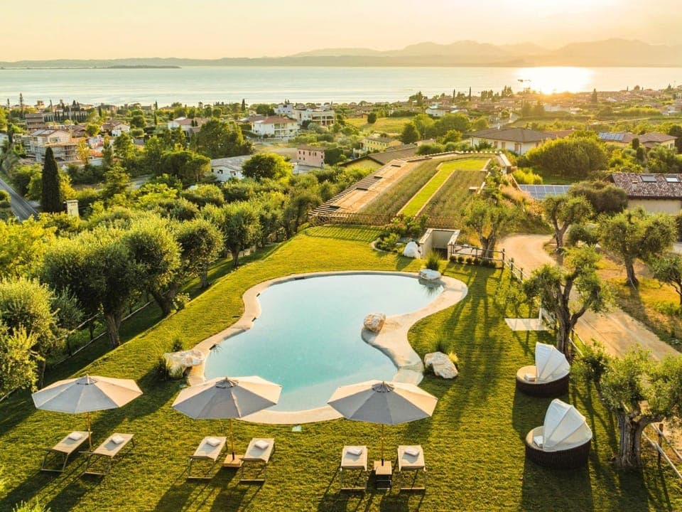 Natural landscape, Bird's eye view, Lake view, Pool view, Swimming pool, Sunset